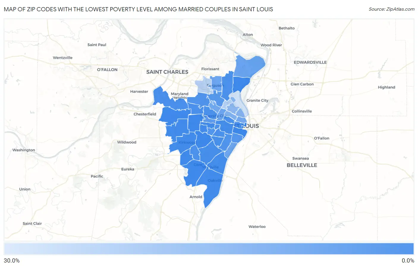 Zip Codes with the Lowest Poverty Level Among Married Couples in Saint Louis Map