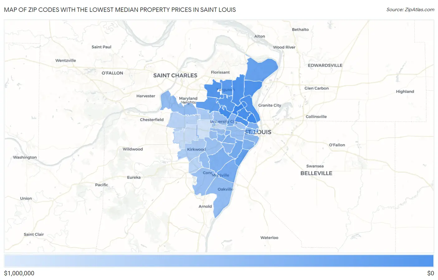 Zip Codes with the Lowest Median Property Prices in Saint Louis Map