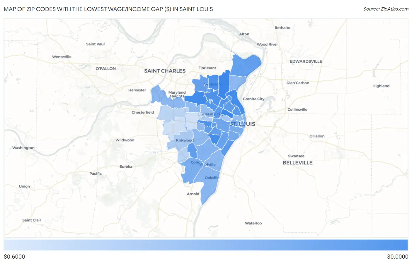 Zip Codes with the Lowest Wage/Income Gap ($) in Saint Louis Map