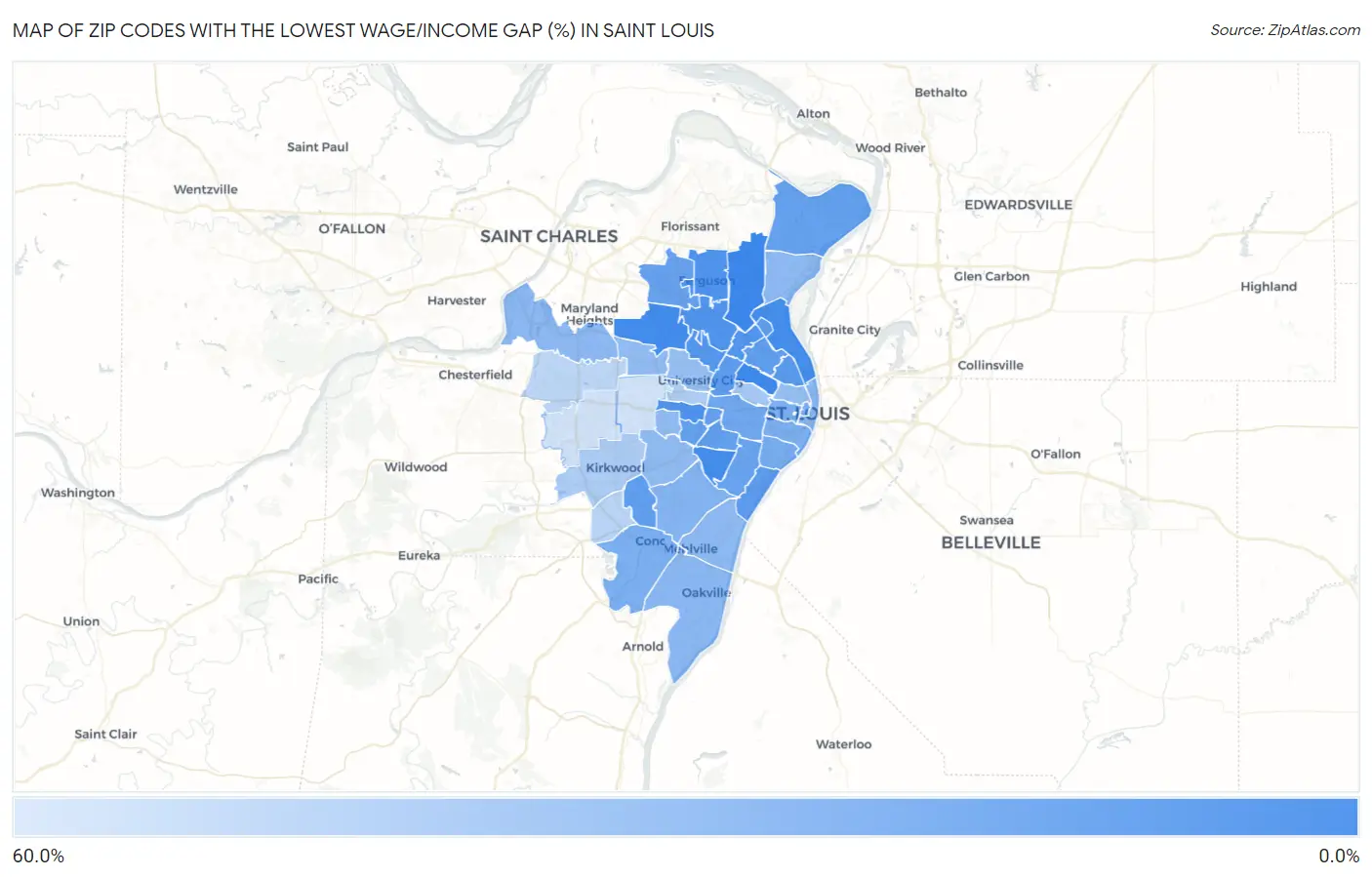 Zip Codes with the Lowest Wage/Income Gap (%) in Saint Louis Map