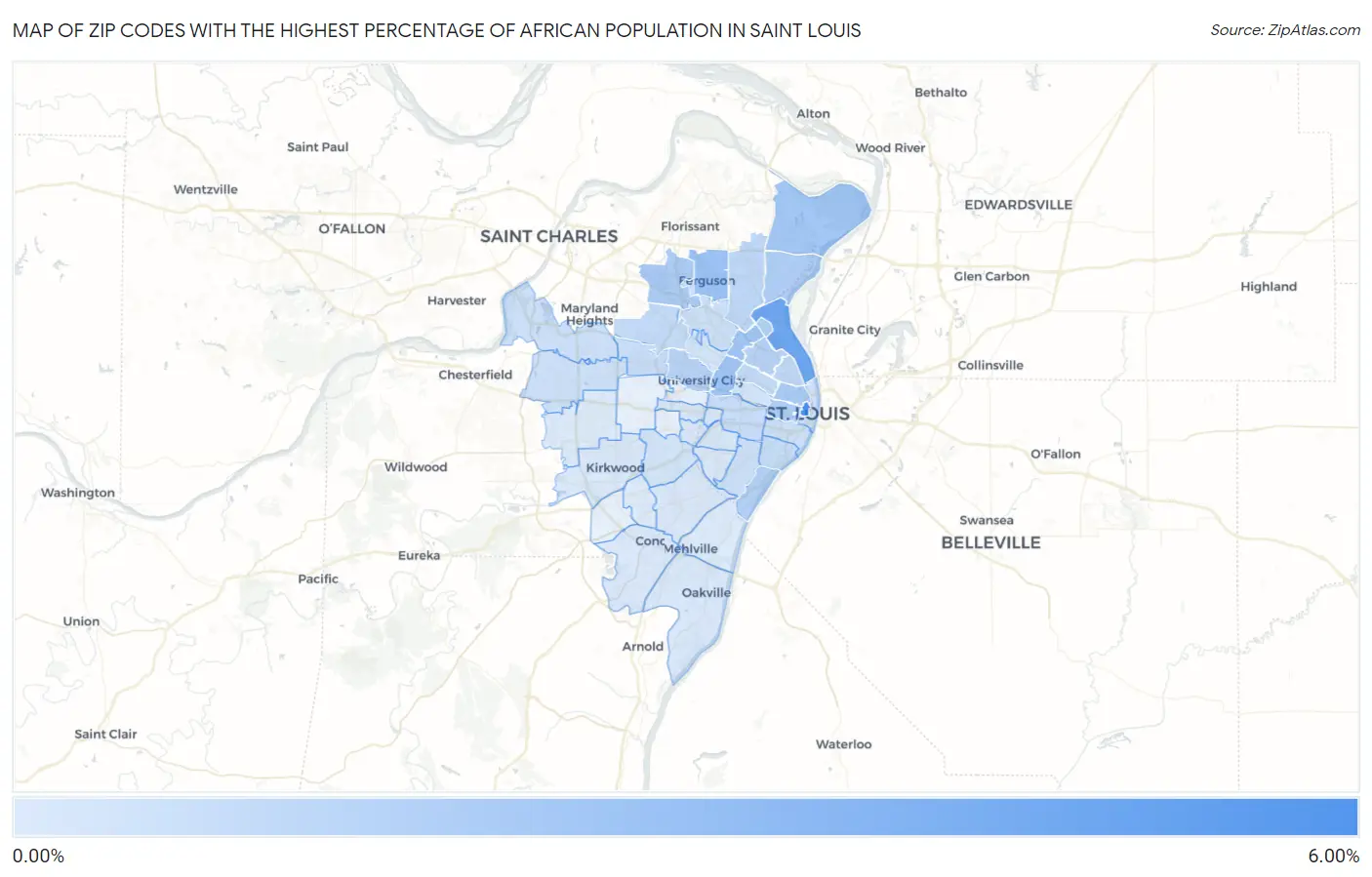 Zip Codes with the Highest Percentage of African Population in Saint Louis Map