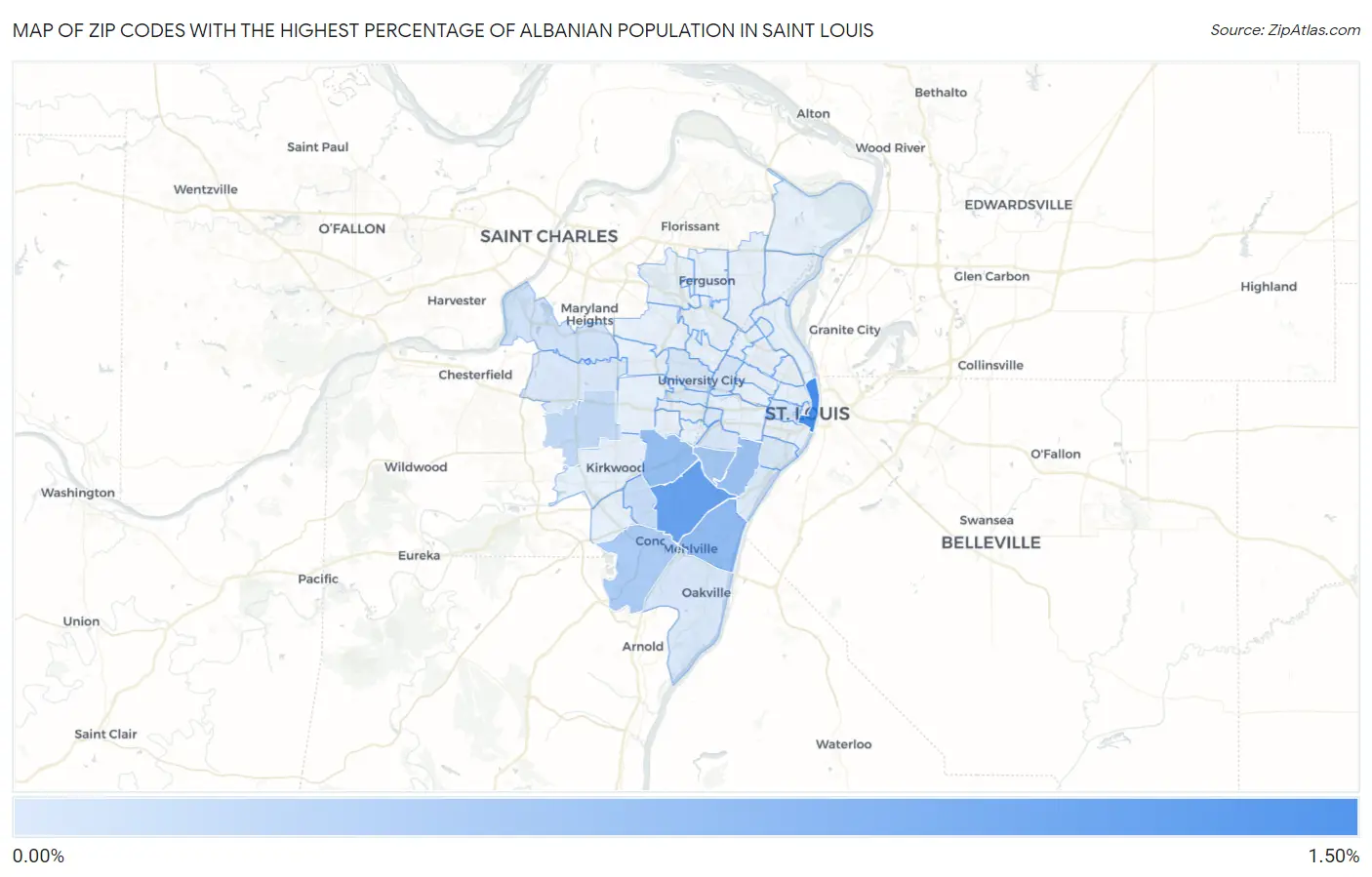 Zip Codes with the Highest Percentage of Albanian Population in Saint Louis Map