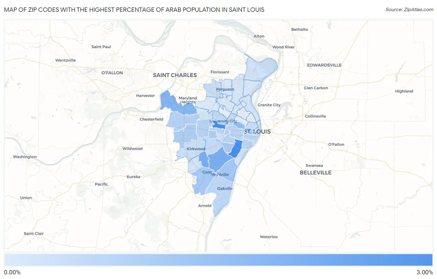 Zip Codes with the Highest Percentage of Arab Population in Saint Louis Map