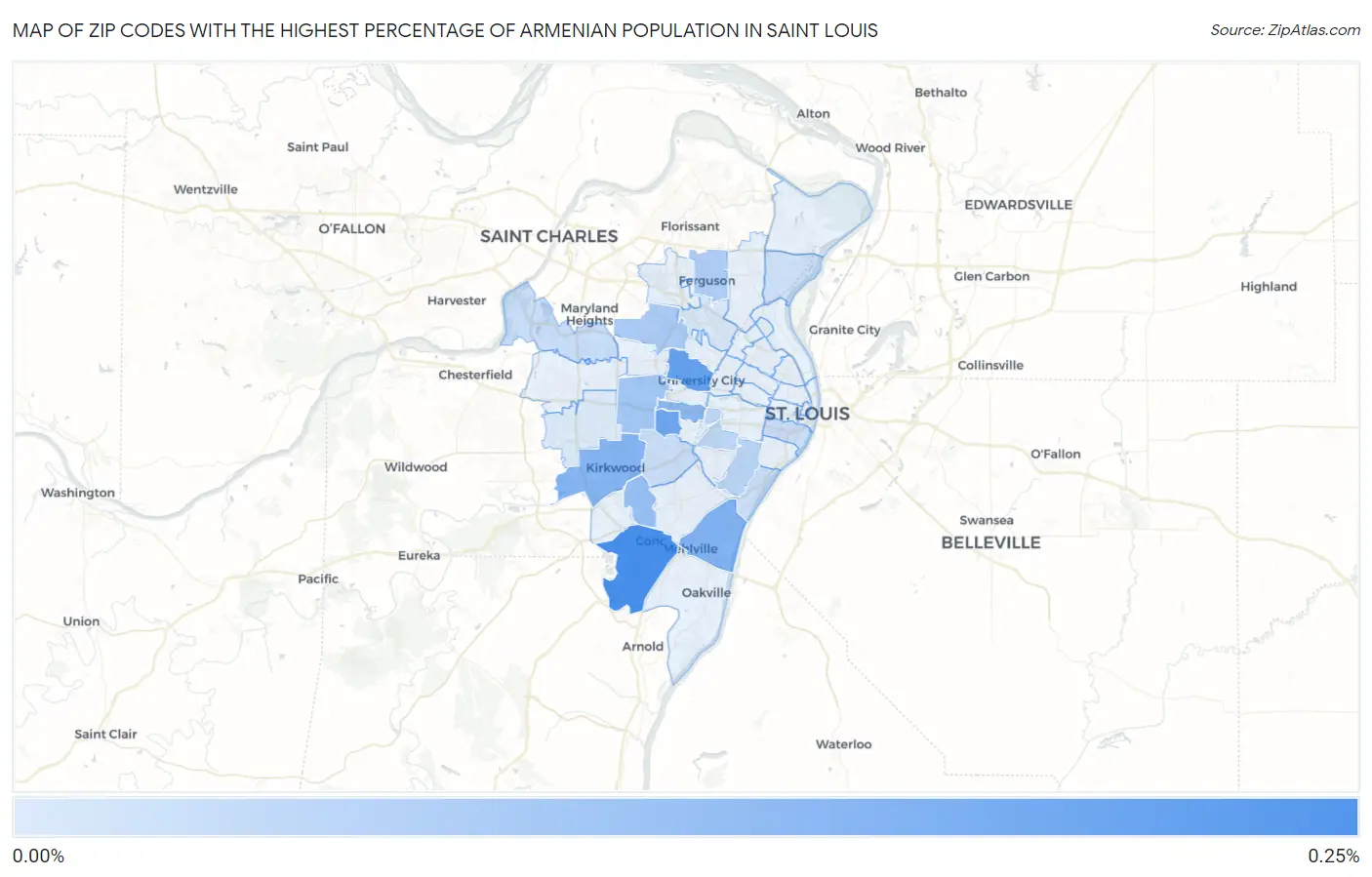 Zip Codes with the Highest Percentage of Armenian Population in Saint Louis Map