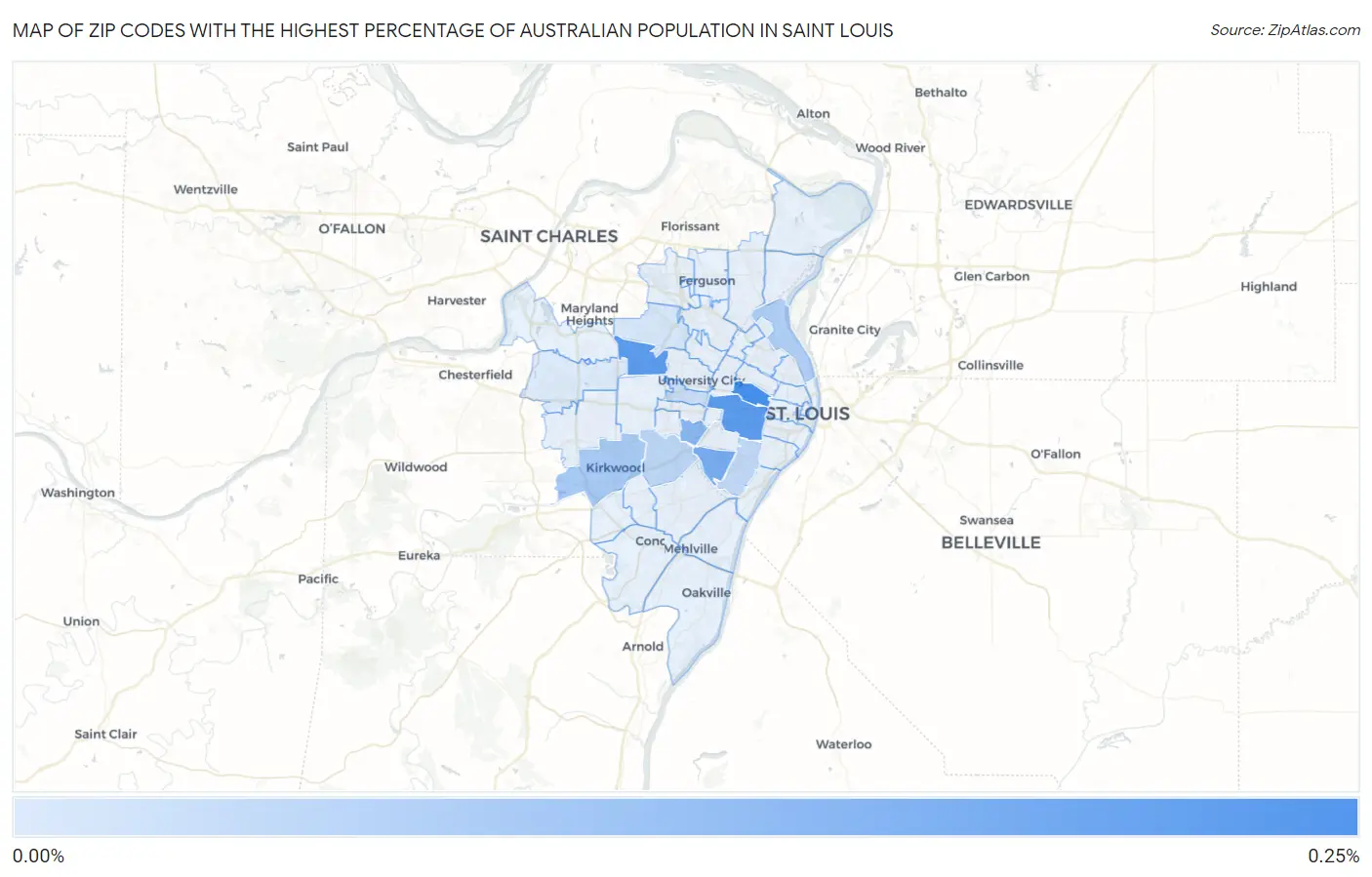 Zip Codes with the Highest Percentage of Australian Population in Saint Louis Map
