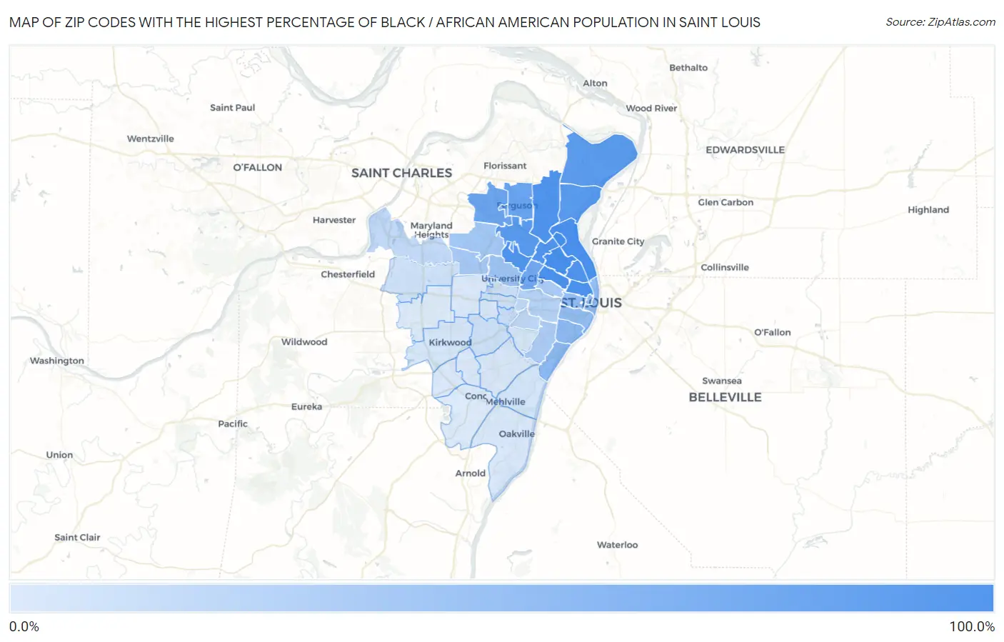 Zip Codes with the Highest Percentage of Black / African American Population in Saint Louis Map