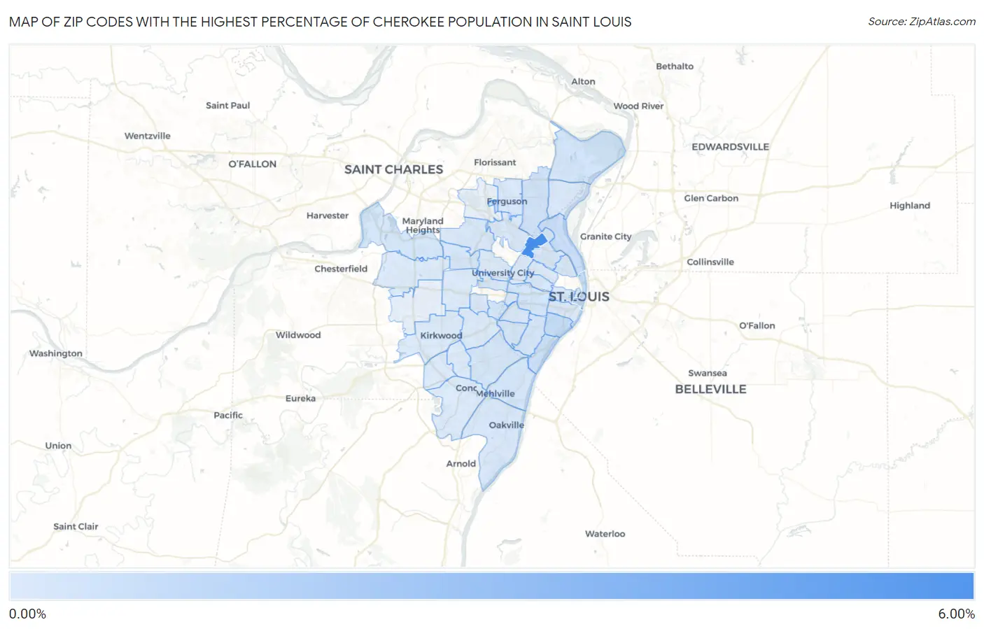 Zip Codes with the Highest Percentage of Cherokee Population in Saint Louis Map