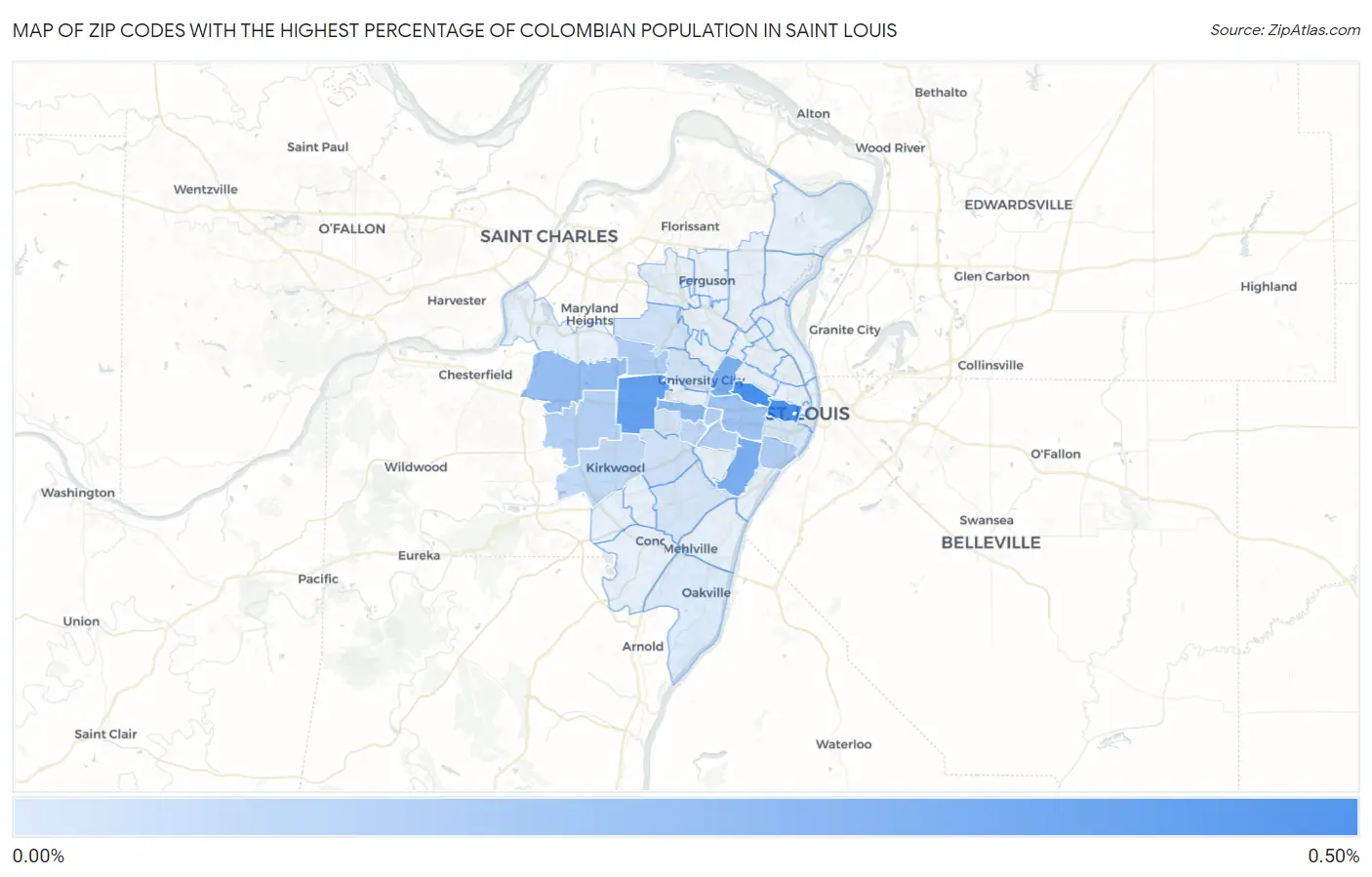 Zip Codes with the Highest Percentage of Colombian Population in Saint Louis Map