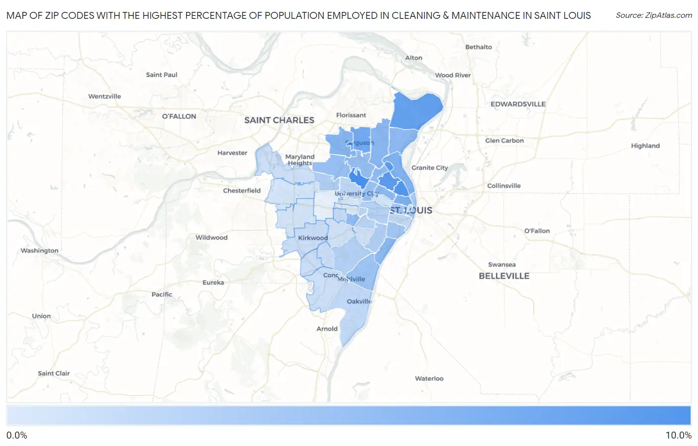Zip Codes with the Highest Percentage of Population Employed in Cleaning & Maintenance in Saint Louis Map