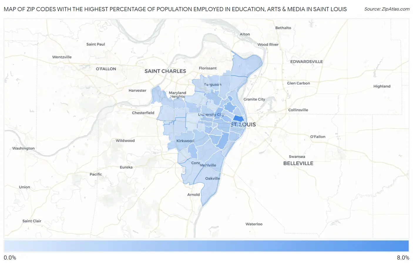 Zip Codes with the Highest Percentage of Population Employed in Education, Arts & Media in Saint Louis Map