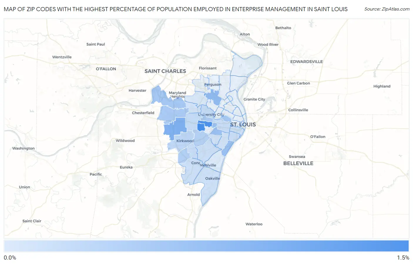 Zip Codes with the Highest Percentage of Population Employed in Enterprise Management in Saint Louis Map