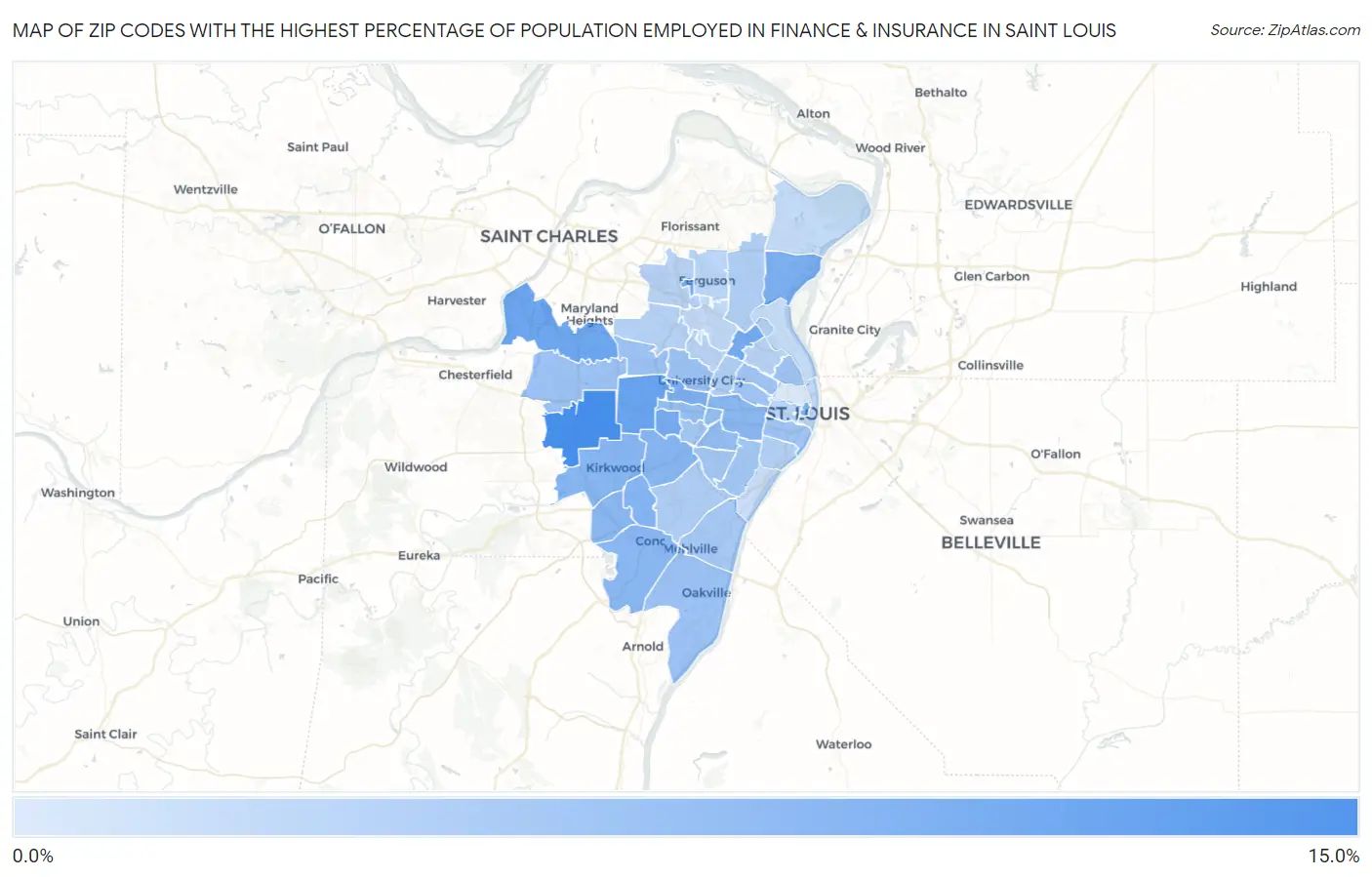 Zip Codes with the Highest Percentage of Population Employed in Finance & Insurance in Saint Louis Map