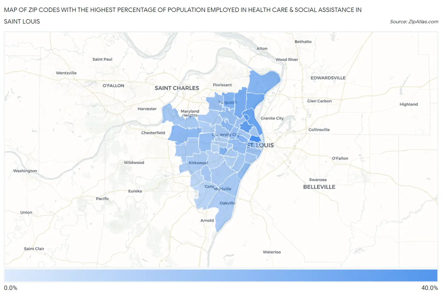Zip Codes with the Highest Percentage of Population Employed in Health Care & Social Assistance in Saint Louis Map