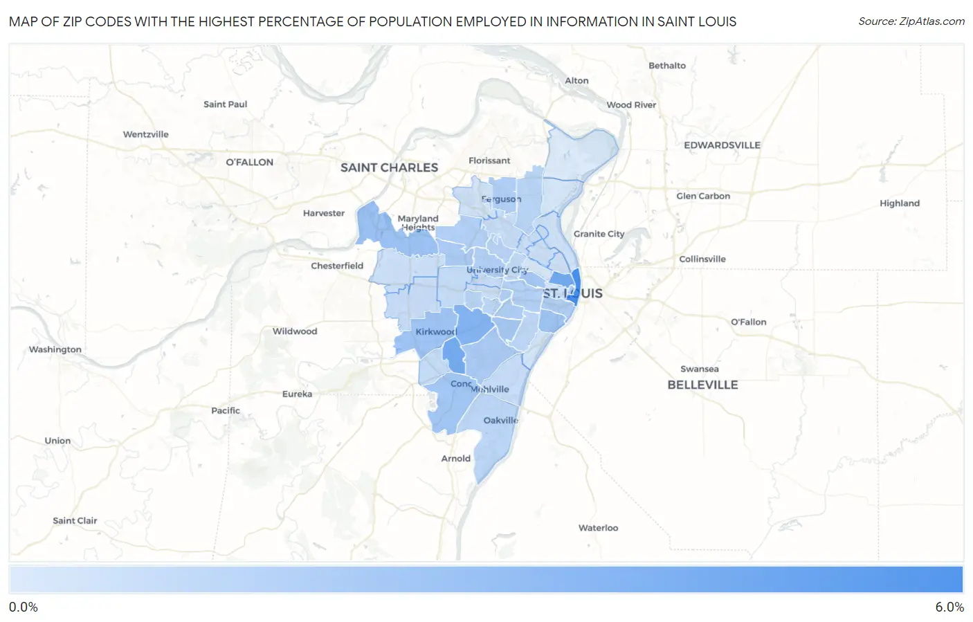 Zip Codes with the Highest Percentage of Population Employed in Information in Saint Louis Map