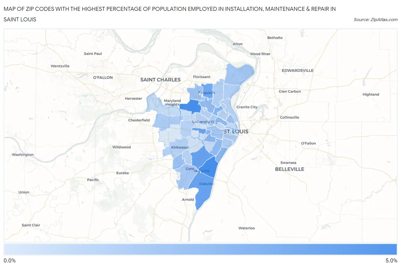 Zip Codes with the Highest Percentage of Population Employed in Installation, Maintenance & Repair in Saint Louis Map