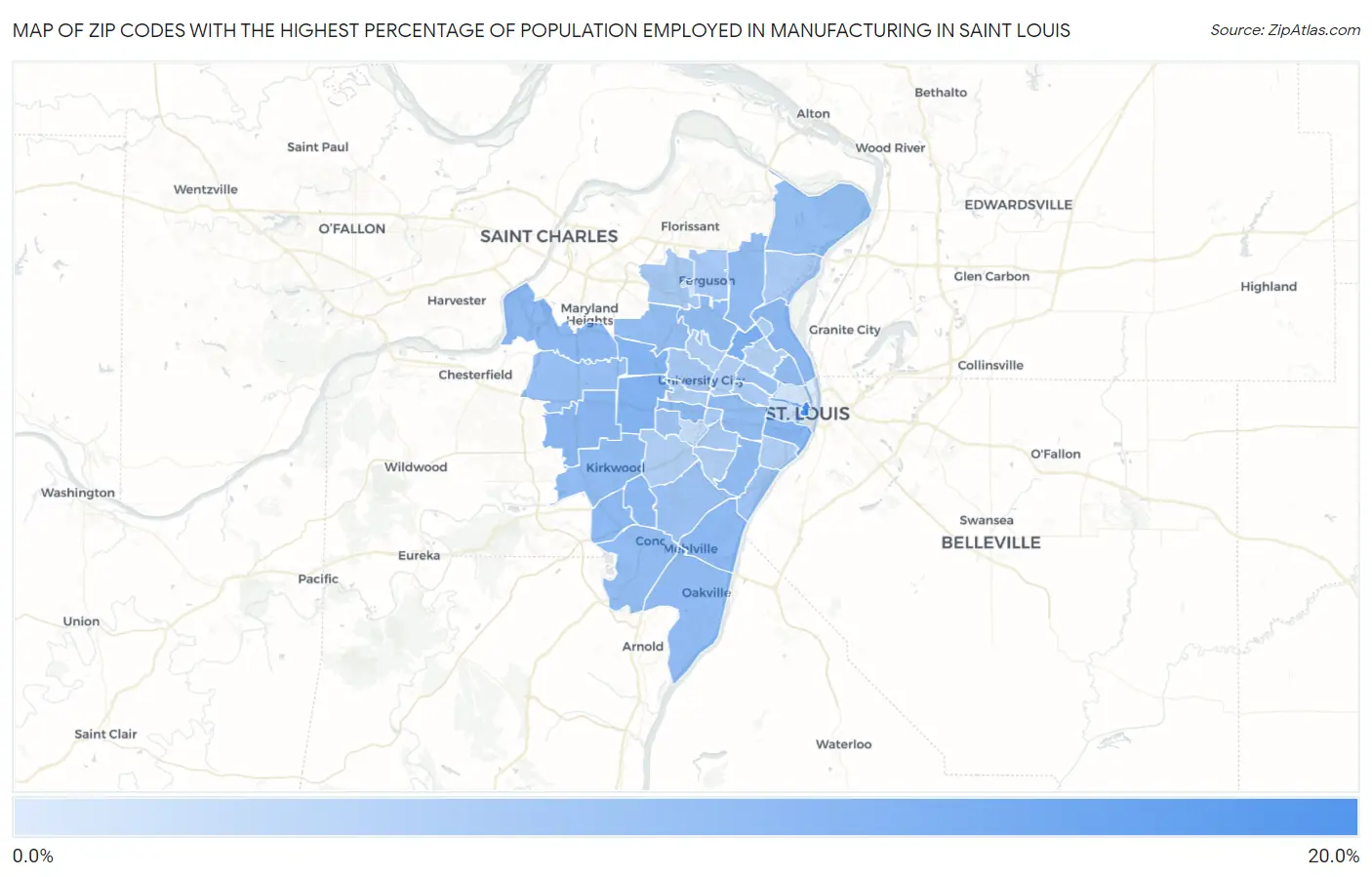 Zip Codes with the Highest Percentage of Population Employed in Manufacturing in Saint Louis Map