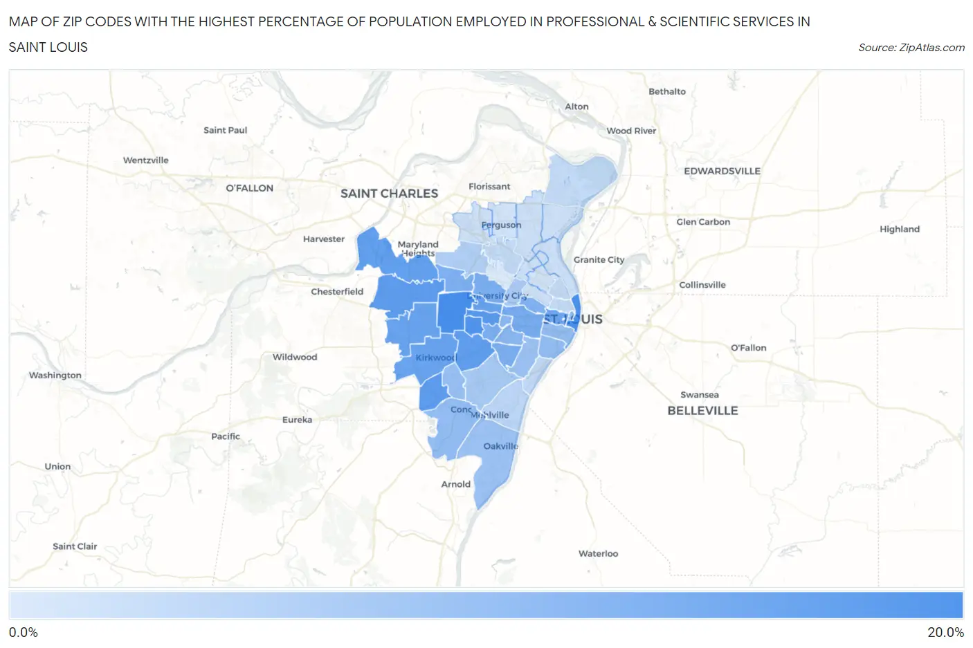 Zip Codes with the Highest Percentage of Population Employed in Professional & Scientific Services in Saint Louis Map