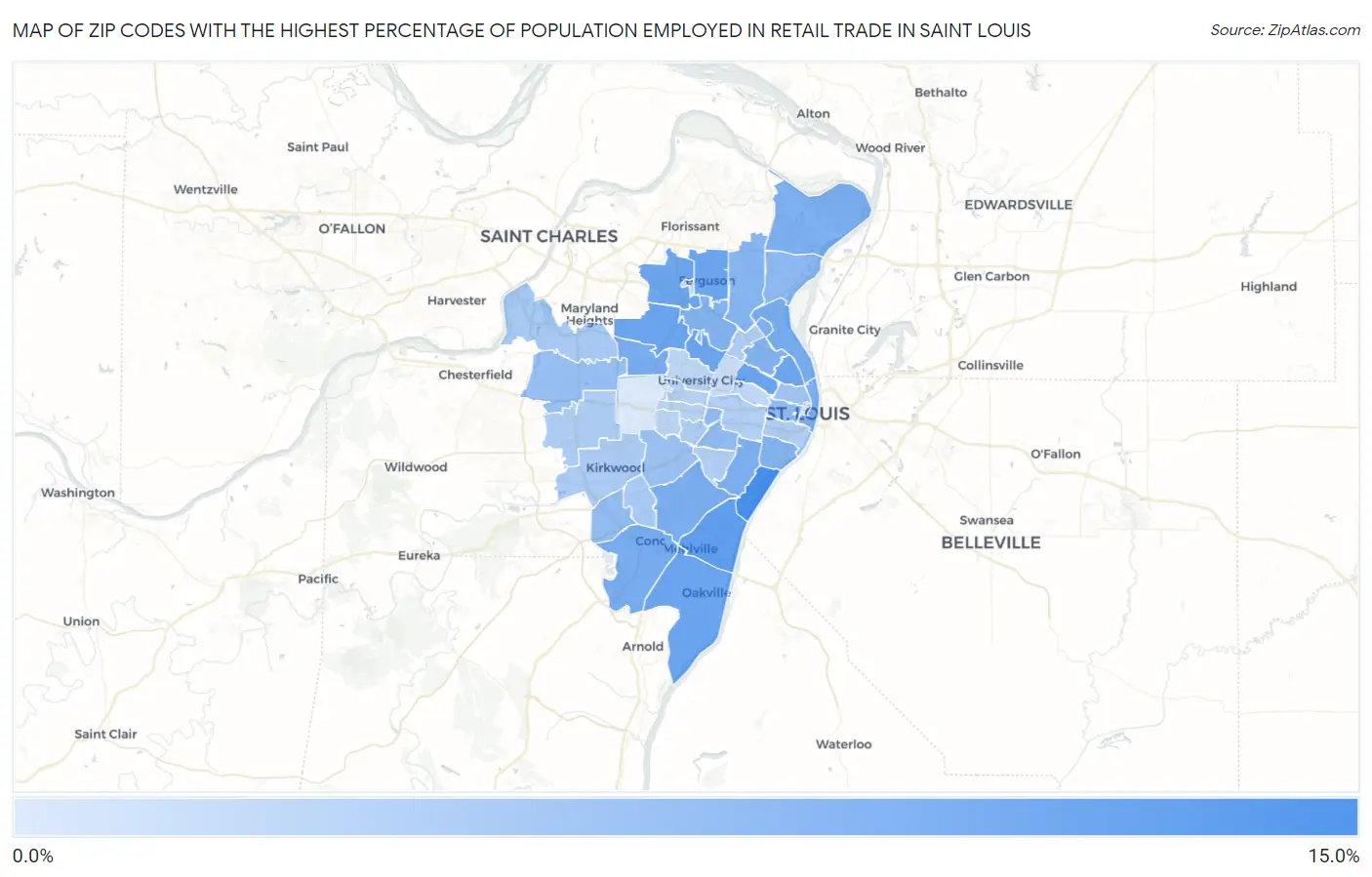 Zip Codes with the Highest Percentage of Population Employed in Retail Trade in Saint Louis Map