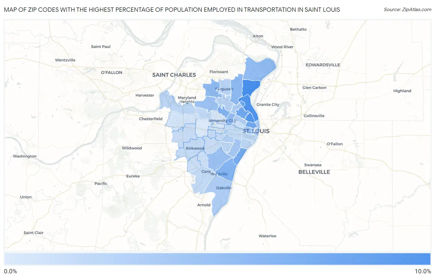 Zip Codes with the Highest Percentage of Population Employed in Transportation in Saint Louis Map