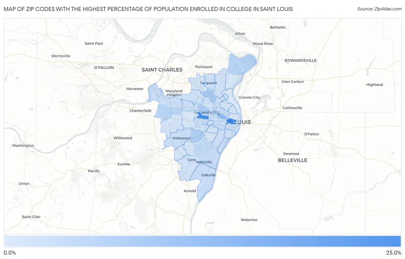 Zip Codes with the Highest Percentage of Population Enrolled in College in Saint Louis Map