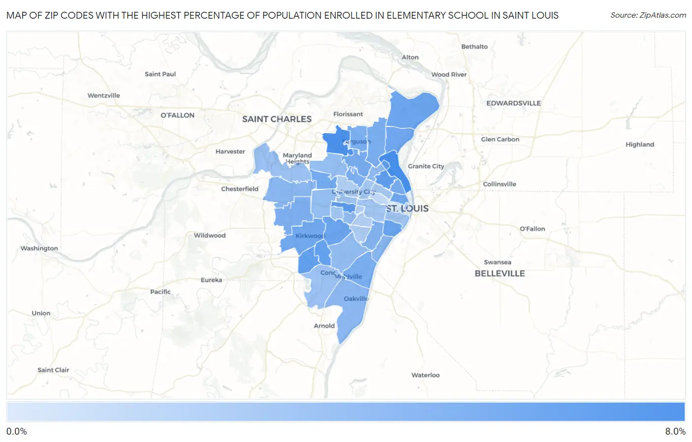 Zip Codes with the Highest Percentage of Population Enrolled in Elementary School in Saint Louis Map