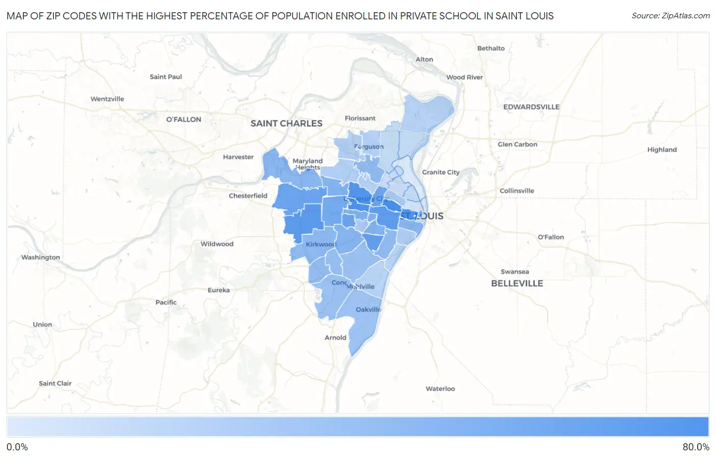 Zip Codes with the Highest Percentage of Population Enrolled in Private School in Saint Louis Map
