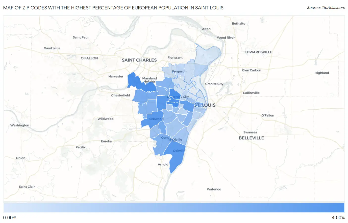 Zip Codes with the Highest Percentage of European Population in Saint Louis Map