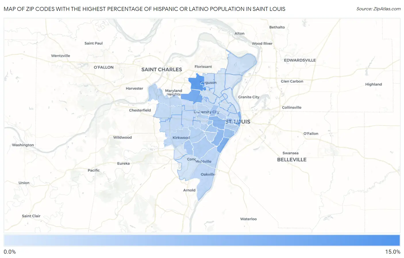 Zip Codes with the Highest Percentage of Hispanic or Latino Population in Saint Louis Map