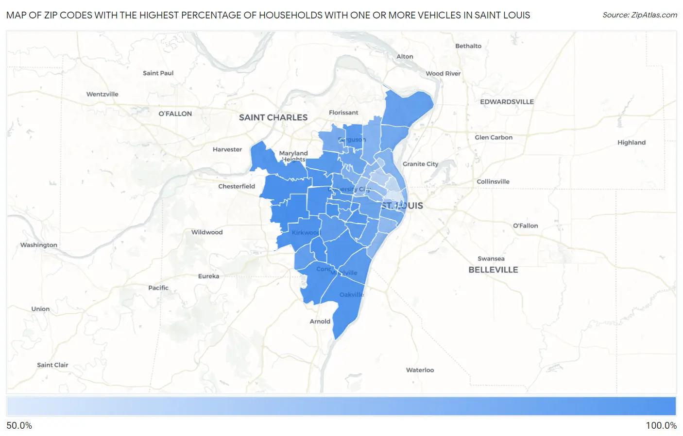 Zip Codes with the Highest Percentage of Households With One or more Vehicles in Saint Louis Map