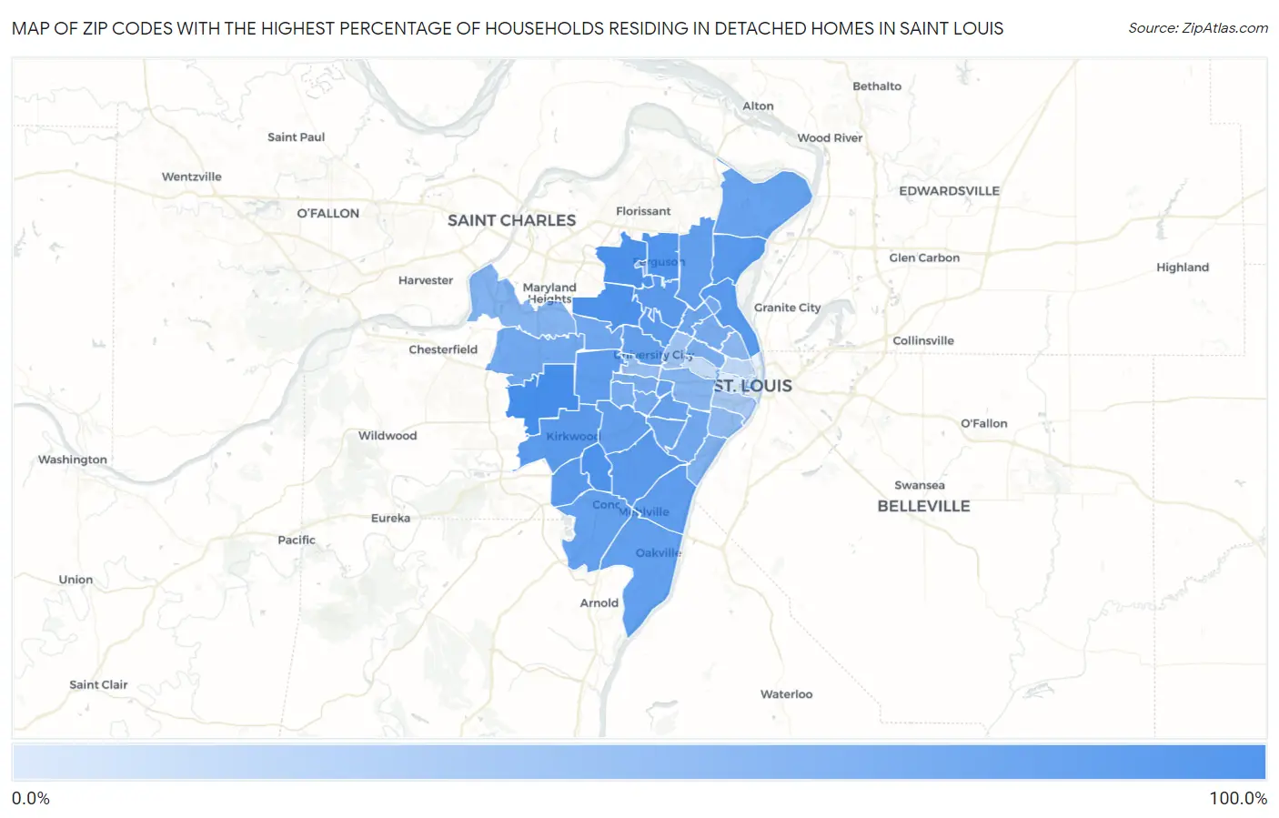 Zip Codes with the Highest Percentage of Households Residing in Detached Homes in Saint Louis Map