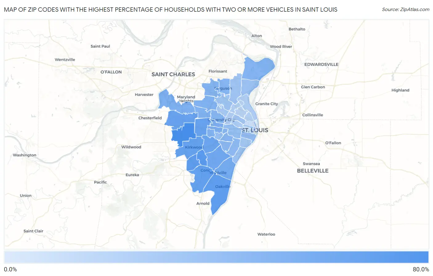 Zip Codes with the Highest Percentage of Households With Two or more Vehicles in Saint Louis Map