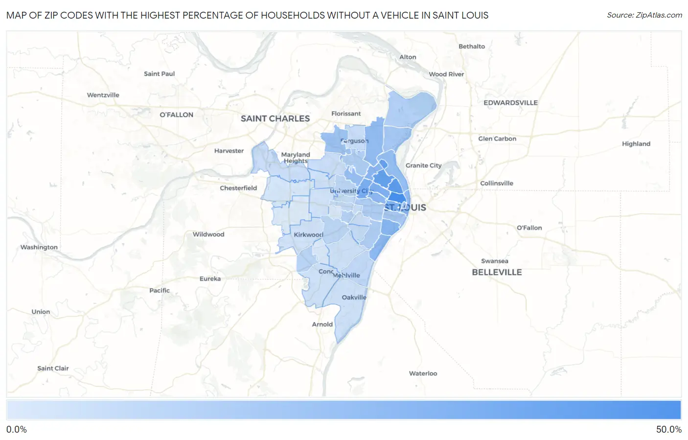 Zip Codes with the Highest Percentage of Households Without a Vehicle in Saint Louis Map