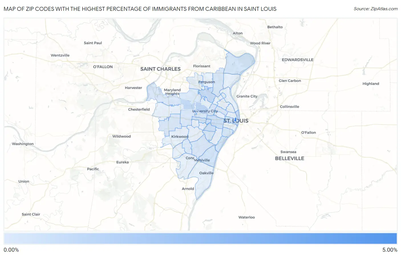 Zip Codes with the Highest Percentage of Immigrants from Caribbean in Saint Louis Map