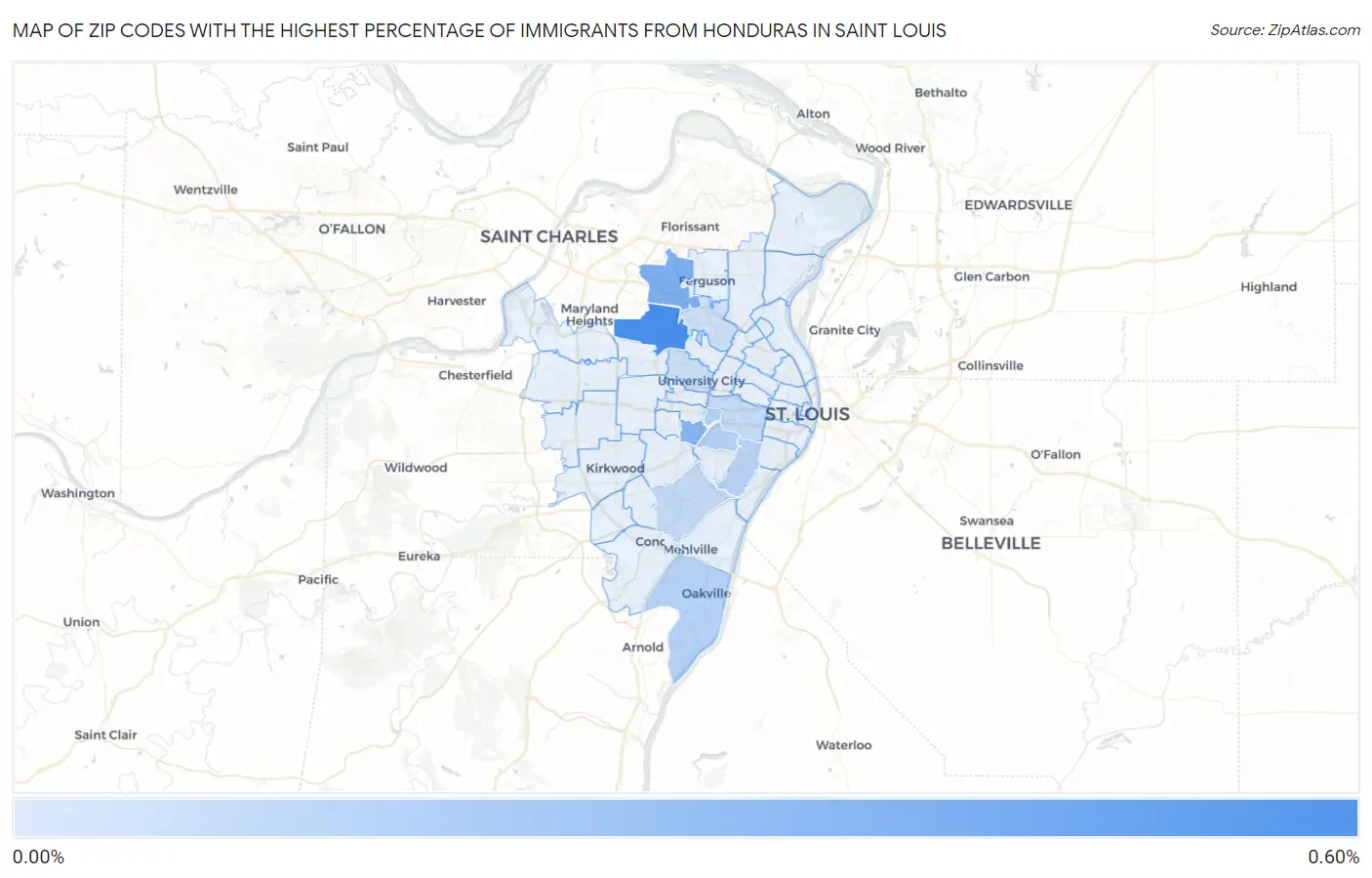 Zip Codes with the Highest Percentage of Immigrants from Honduras in Saint Louis Map