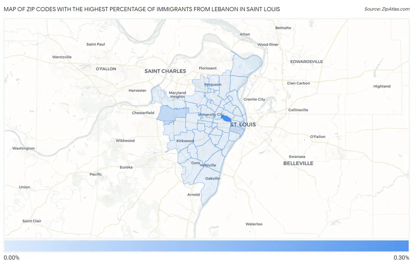 Zip Codes with the Highest Percentage of Immigrants from Lebanon in Saint Louis Map