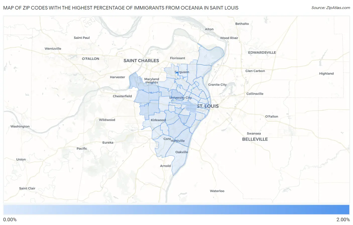 Zip Codes with the Highest Percentage of Immigrants from Oceania in Saint Louis Map