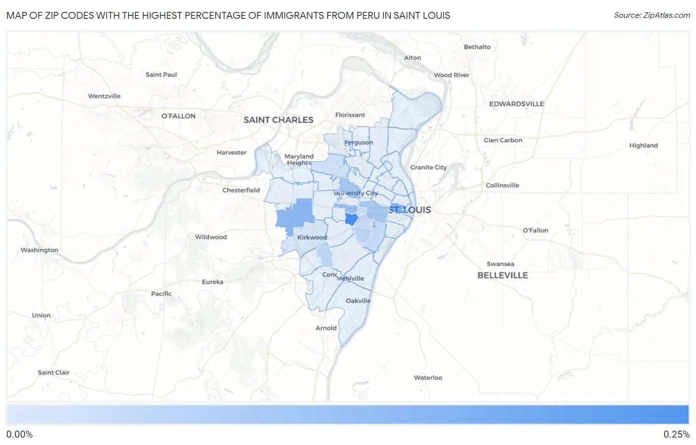 Zip Codes with the Highest Percentage of Immigrants from Peru in Saint Louis Map