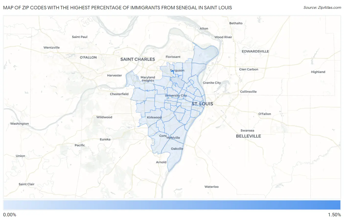 Zip Codes with the Highest Percentage of Immigrants from Senegal in Saint Louis Map