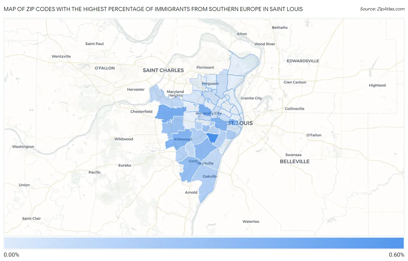 Zip Codes with the Highest Percentage of Immigrants from Southern Europe in Saint Louis Map