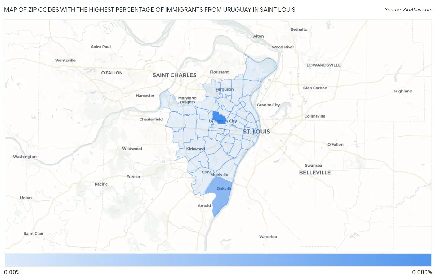 Zip Codes with the Highest Percentage of Immigrants from Uruguay in Saint Louis Map