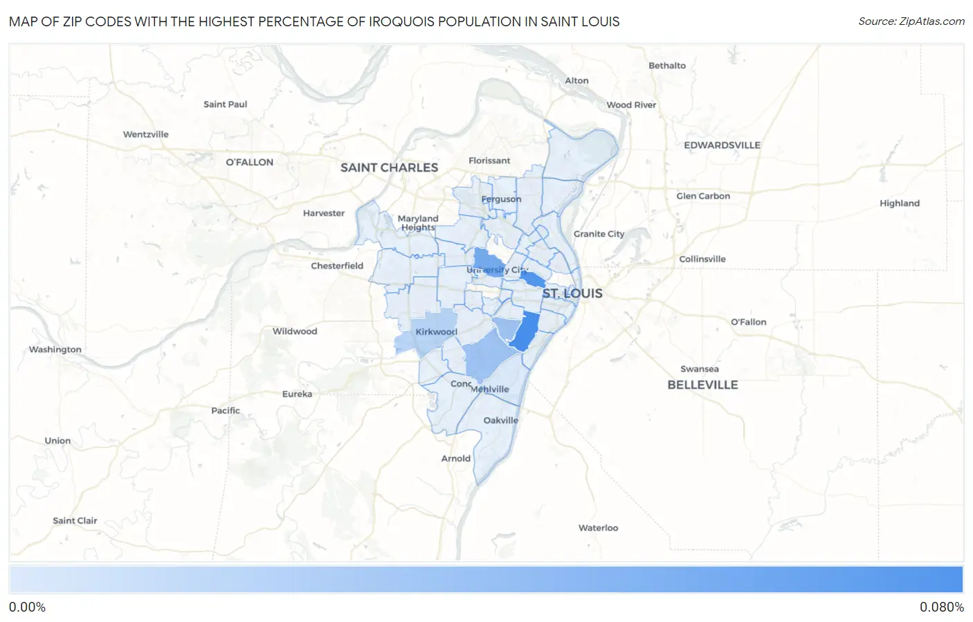 Zip Codes with the Highest Percentage of Iroquois Population in Saint Louis Map