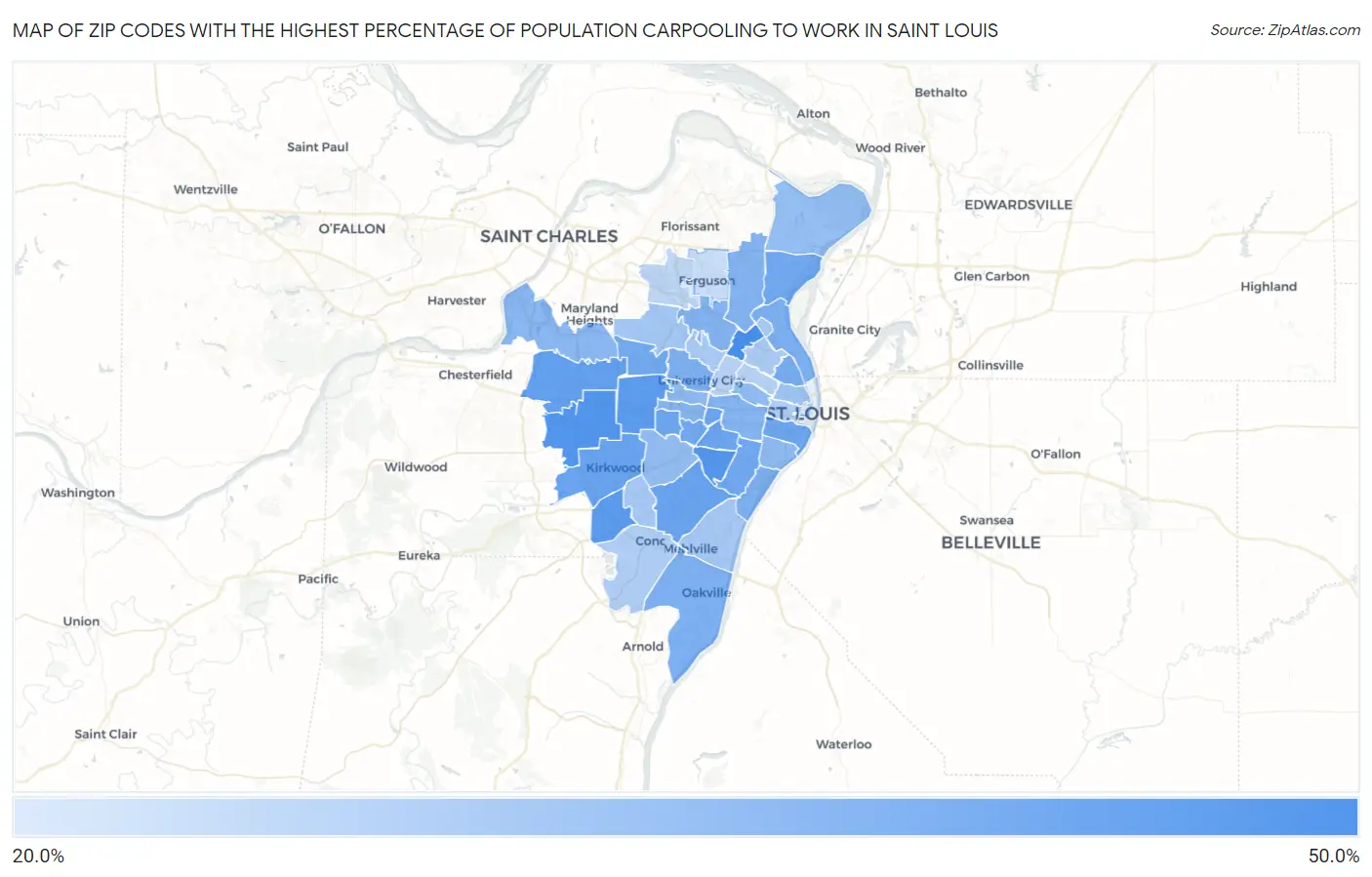 Zip Codes with the Highest Percentage of Population Carpooling to Work in Saint Louis Map