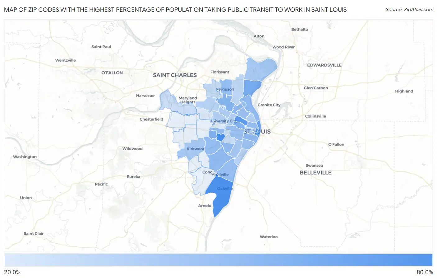 Zip Codes with the Highest Percentage of Population Taking Public Transit to Work in Saint Louis Map