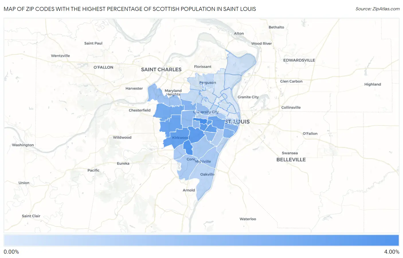 Zip Codes with the Highest Percentage of Scottish Population in Saint Louis Map