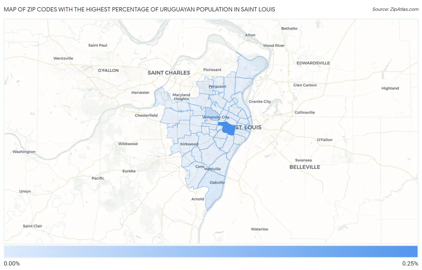 Zip Codes with the Highest Percentage of Uruguayan Population in Saint Louis Map