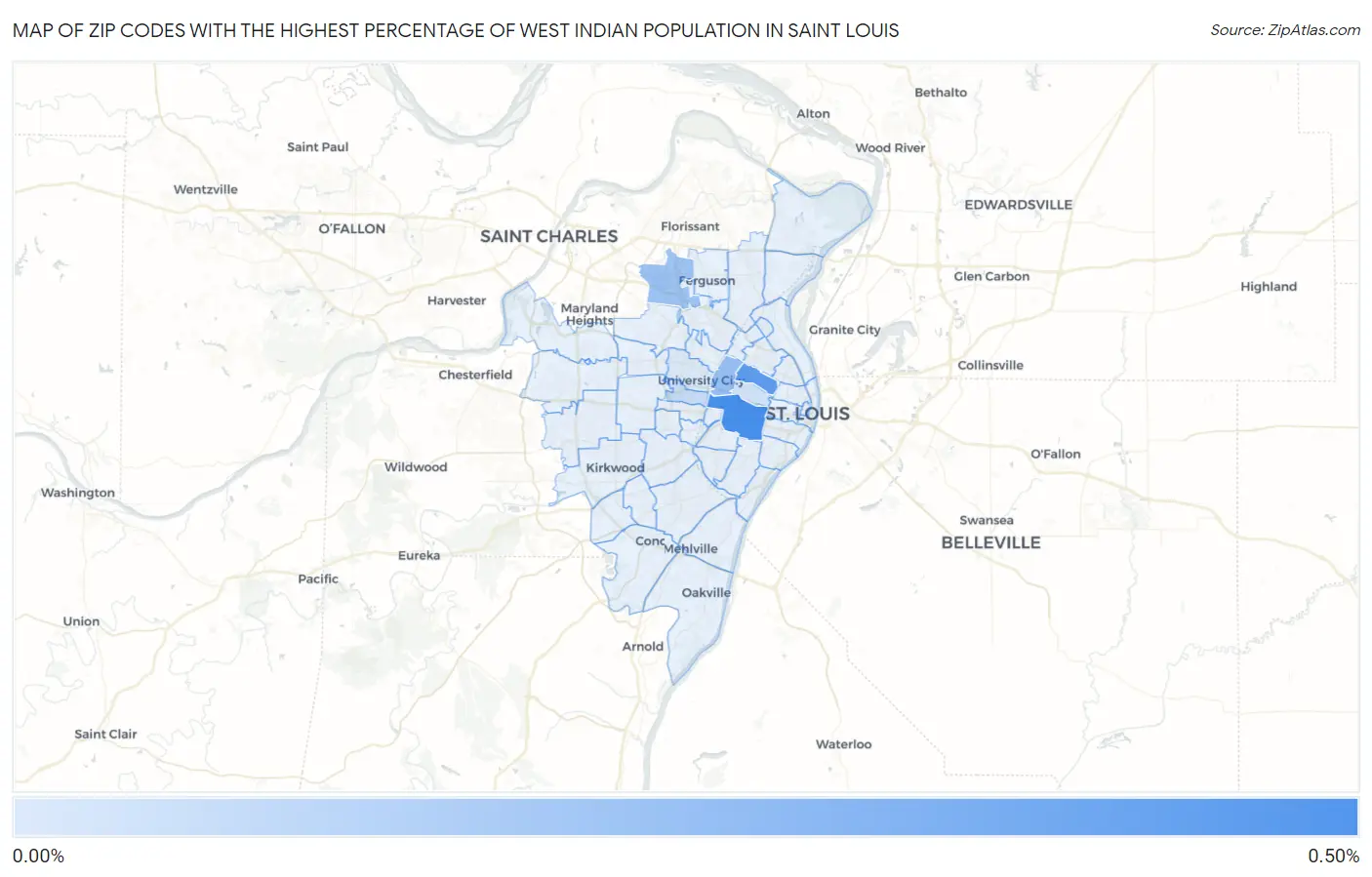 Zip Codes with the Highest Percentage of West Indian Population in Saint Louis Map