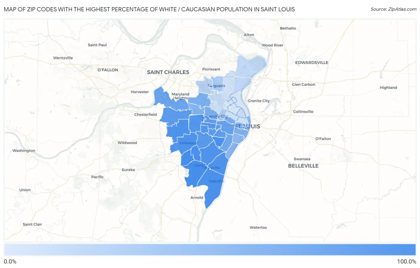 Zip Codes with the Highest Percentage of White / Caucasian Population in Saint Louis Map