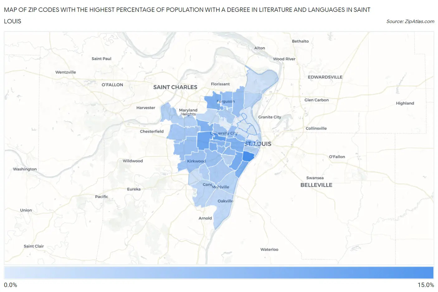 Zip Codes with the Highest Percentage of Population with a Degree in Literature and Languages in Saint Louis Map