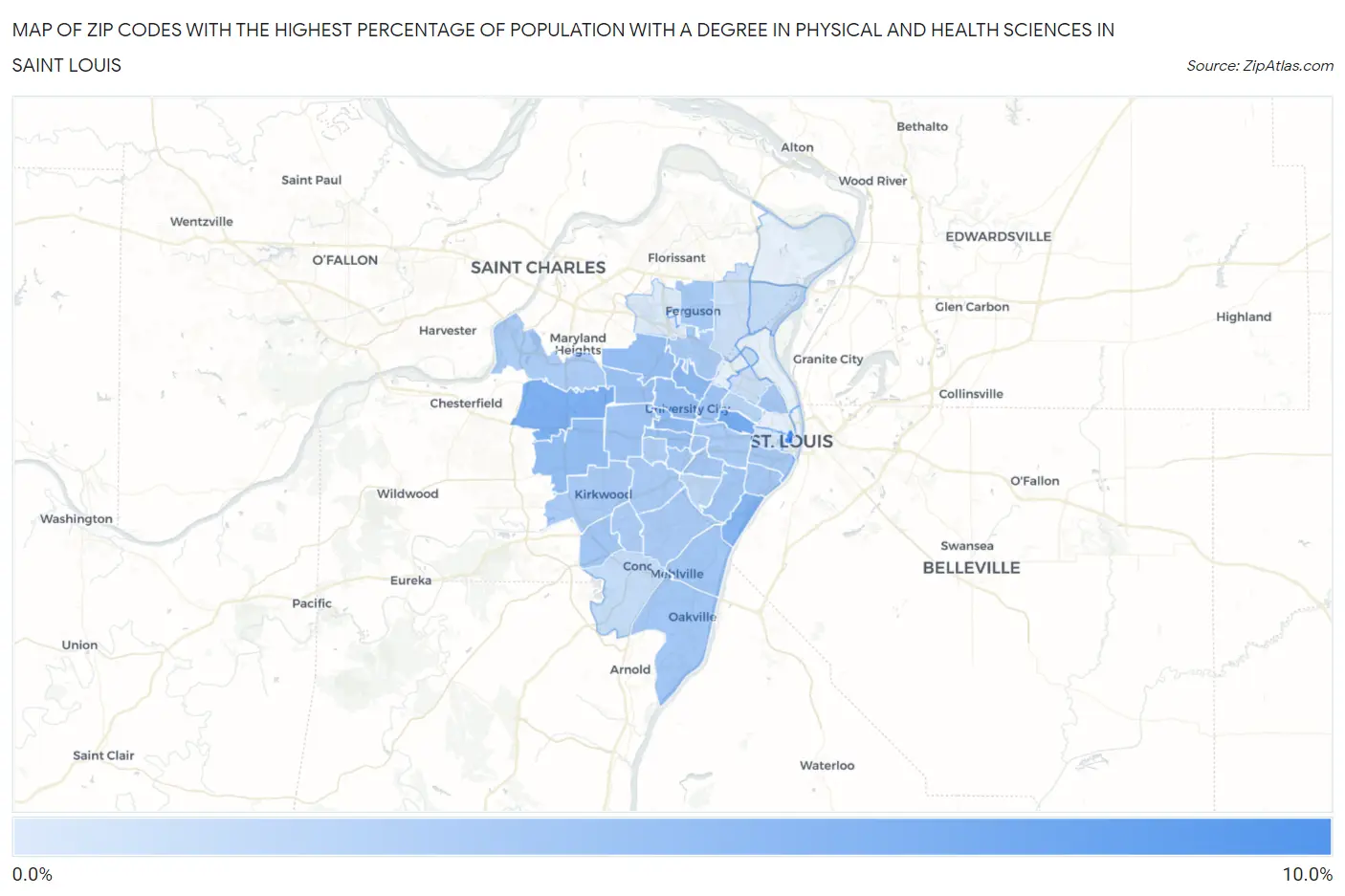 Zip Codes with the Highest Percentage of Population with a Degree in Physical and Health Sciences in Saint Louis Map