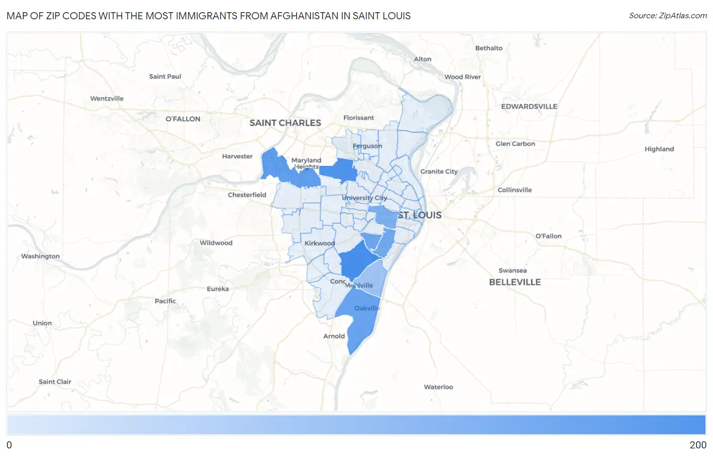 Zip Codes with the Most Immigrants from Afghanistan in Saint Louis Map
